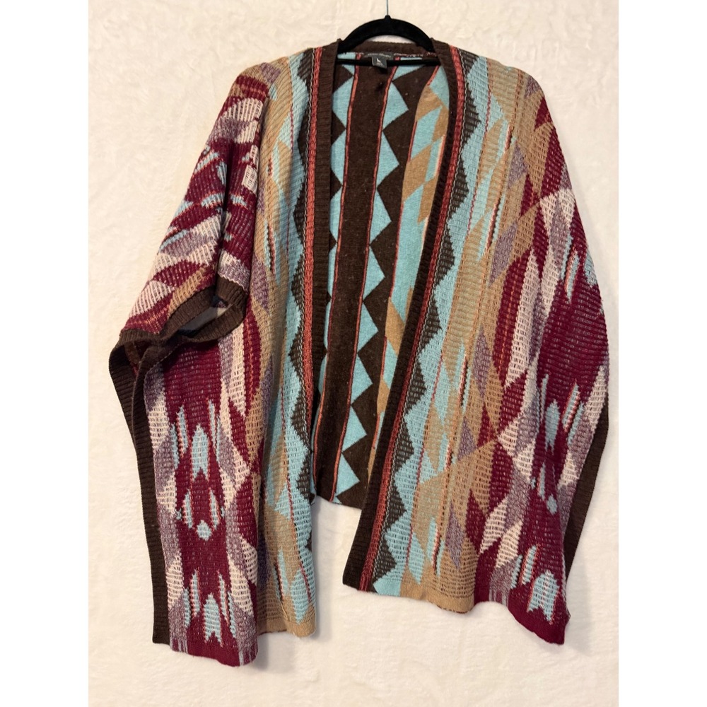 Eddie Bauer Southwestern Geometric Open Front Cardigan Sweater Burgundy Teal L